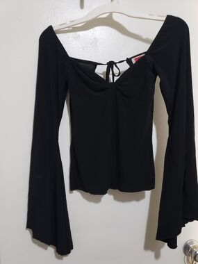 Black Long-Sleeve Off-Shoulder Tie-Back Top